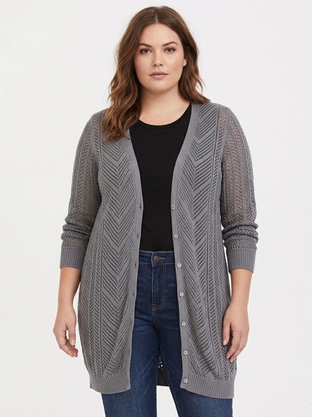 Torrid Open Knit Cardigan Size 2 Gray Button Front Plus Crochet Sweater